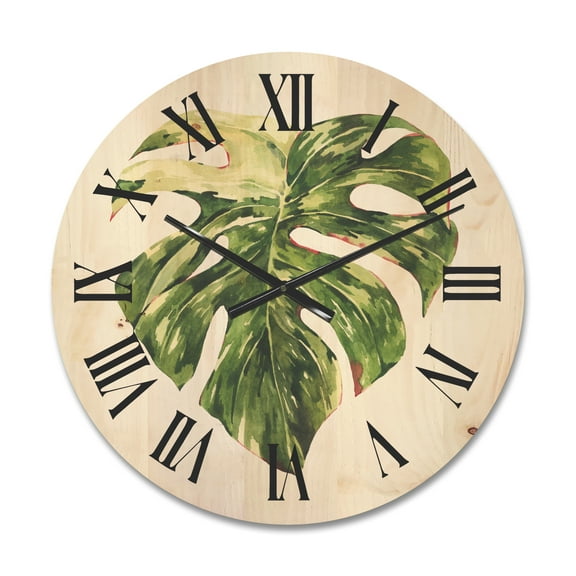 Designart 'Tropical Green Leaves On White In Summer Times III' Tropical Wood Wall Clock