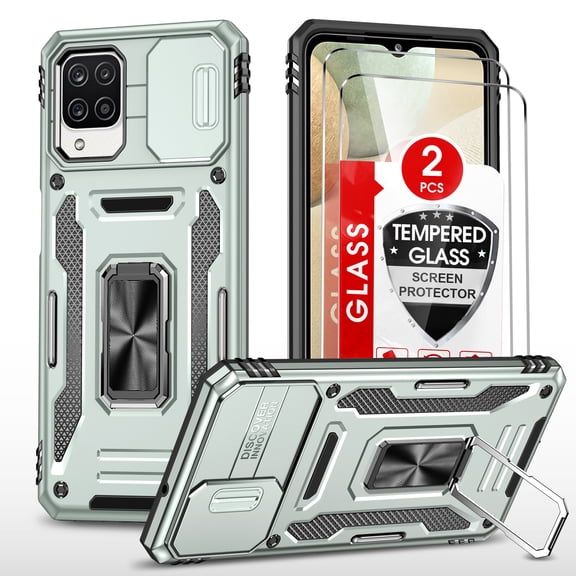 LEYI Compatible with Galaxy A12 Phone Case, Samsung Galaxy A12 Case with [2 Pack] Tempered Glass Screen Protector, Ring Kickstand Phone Case for Samsung A12 - Grey