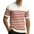 thumbnail image 3 of Men's Knit Horizontal Striped Short Sleeve Open V-Neck Collared Polo Shirt, Casual Slim Fit Top, Breathable Knitwear for Smart Casual Style and Everyday Wear Red M, 3 of 4