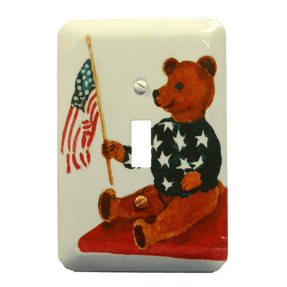 Leviton 89001-ATB Metal Toggle Switch Wallplate Switchplate, Teddy Bear with American Flag Motif