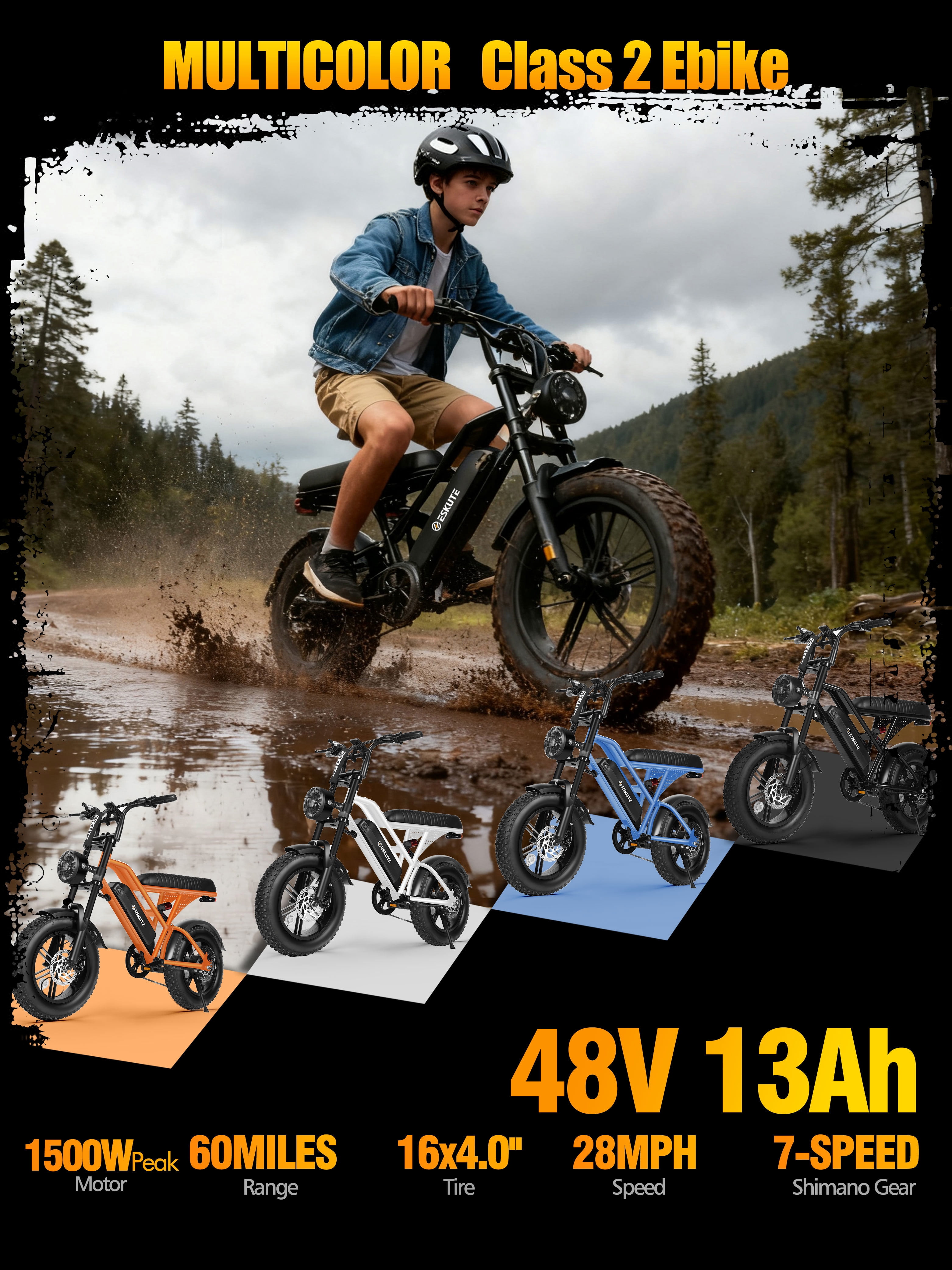 ESKUTE Electric Bike for Teens & Adults, 750W Motor (1500W Peak), 28mph Speed, 48V 13Ah Battery, 16"x4.0" Fat Tires, 7-Speed E-Bike with Dual Suspension, Blue
