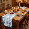 thumbnail image 2 of Blue White Pumpkins Fall Table Runner - 108 Inch Long Thanksgiving Eucalyptus Blue Plaid Cotton and Linen Blended Dress Scarves Farmhouse Table Runner for Kitchen Dining, Coffee Table, 13" x 108", 2 of 8