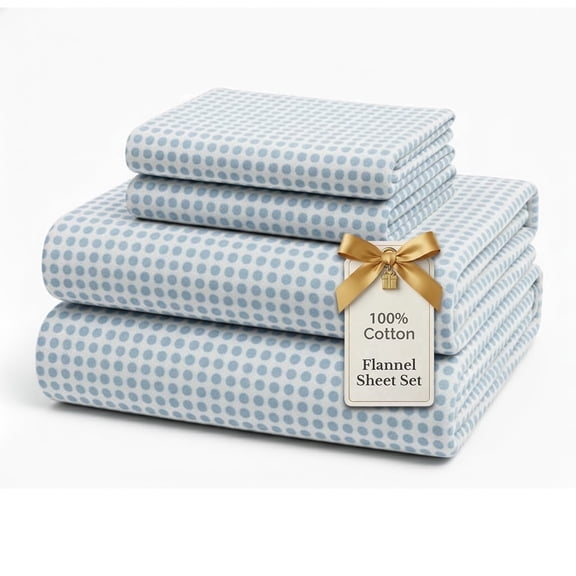 Casa Platino Queen Size Flannel Bed Sheet Set 100% Cotton 4 Piece Deep Pocket Sheets, Polka Dot Blue