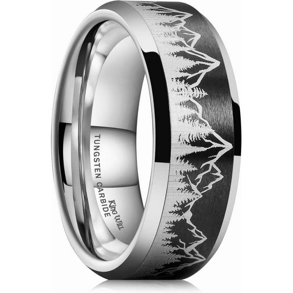 King Will 8mm Silver Black Mens Tungsten Wedding Ring Lasered Forest Landscap Pattern Mountains Trees Matte Finish Wedding Band Beveled Polished Edge 10