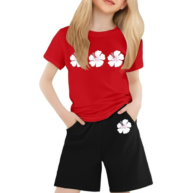 Tenues pour Nouveau-Née Fille T-Shirt Imprimé Col Rond Manches Courtes Décontracté Solide Vêtements pour Adolescente Rouge 4-5 Ans