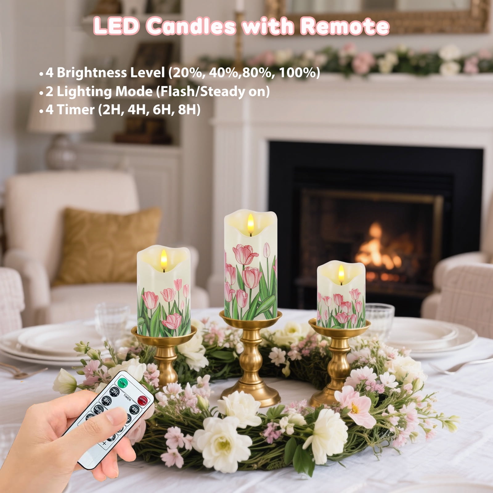 Flameless Candles Light, Set of 3 Flickering Tulip Pillar Candles with Remote & Timer, Dimmable Real Wax Electric LED Candles Battery Operated, Birthday Gift Mother's Day Gift for Mom Grandma Women