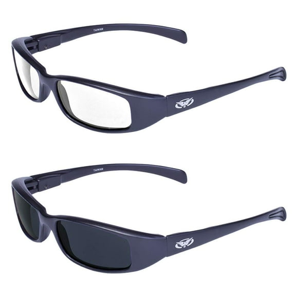 2 Pair Global Vision New Attitude Black Sport Motorcycle Riding Sunglasses 1 with Clear Lens and 1 with Super Dark Lens