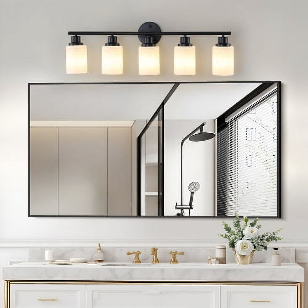 ACE-LIGHTS,Modern 5-Lights Vanity Bathroom Mirror Light with Frosted White Glass(Bulbs Not Included),Contemporary Wall Sconce for Bathroom,Dressing Room,Bedroom,Living Room(Black)