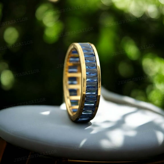 JEWELSBYASAILOR 4X2 Baguette Sapphire Band / Yellow Gold Plated Silver / Full - Eternity Channel Set / Anniversary Gift For Women