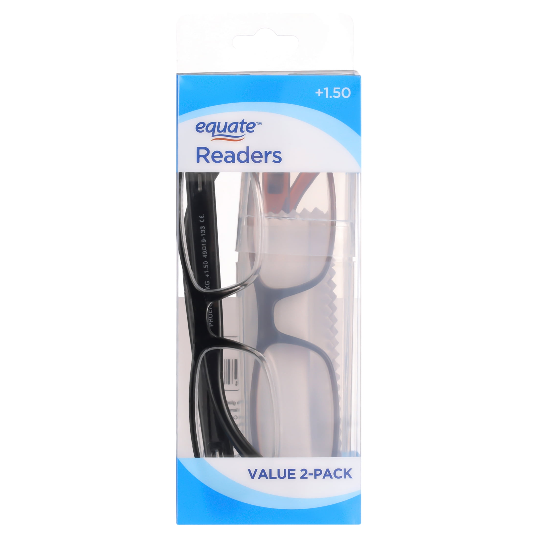 Equate Phoenix Value 2-Pack Unisex Rectangular Reading Glasses with Case, +1.50
