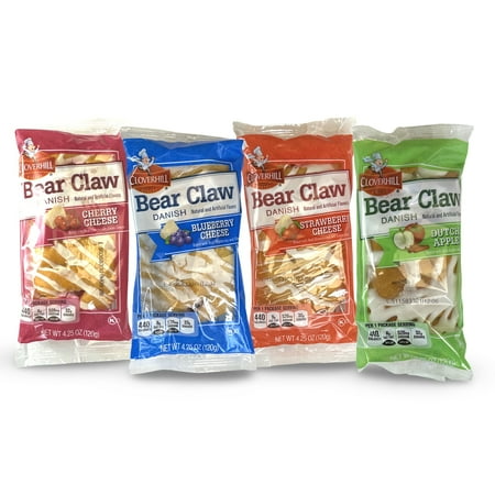Cloverhill Danish Fruit Pastry Variety Pack | Strawberry Cherry Blueberry and Apple Bear Claws | Pack of 12