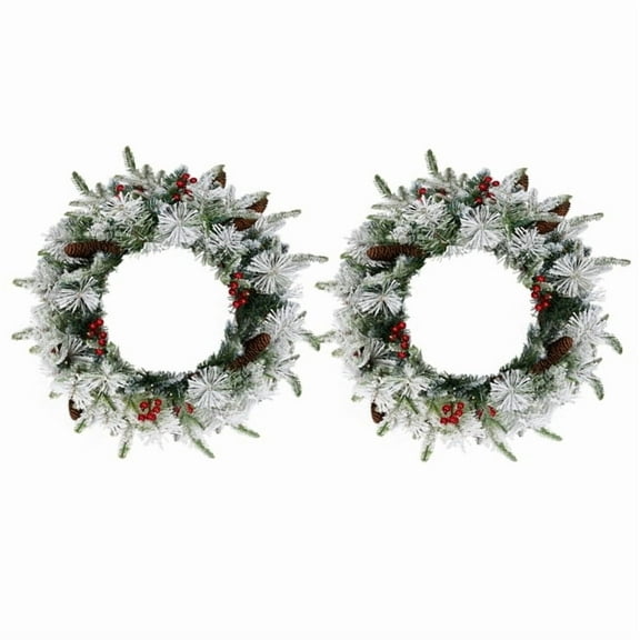 imerelez 2 Pack 18in Pre-Lit Snow Flocked Christmas Wreath - 60 Warm White LED Lights with 8 Modes, 140 PVC Tips with Red Berries & Pine Cones for Front Door & Wall Decor