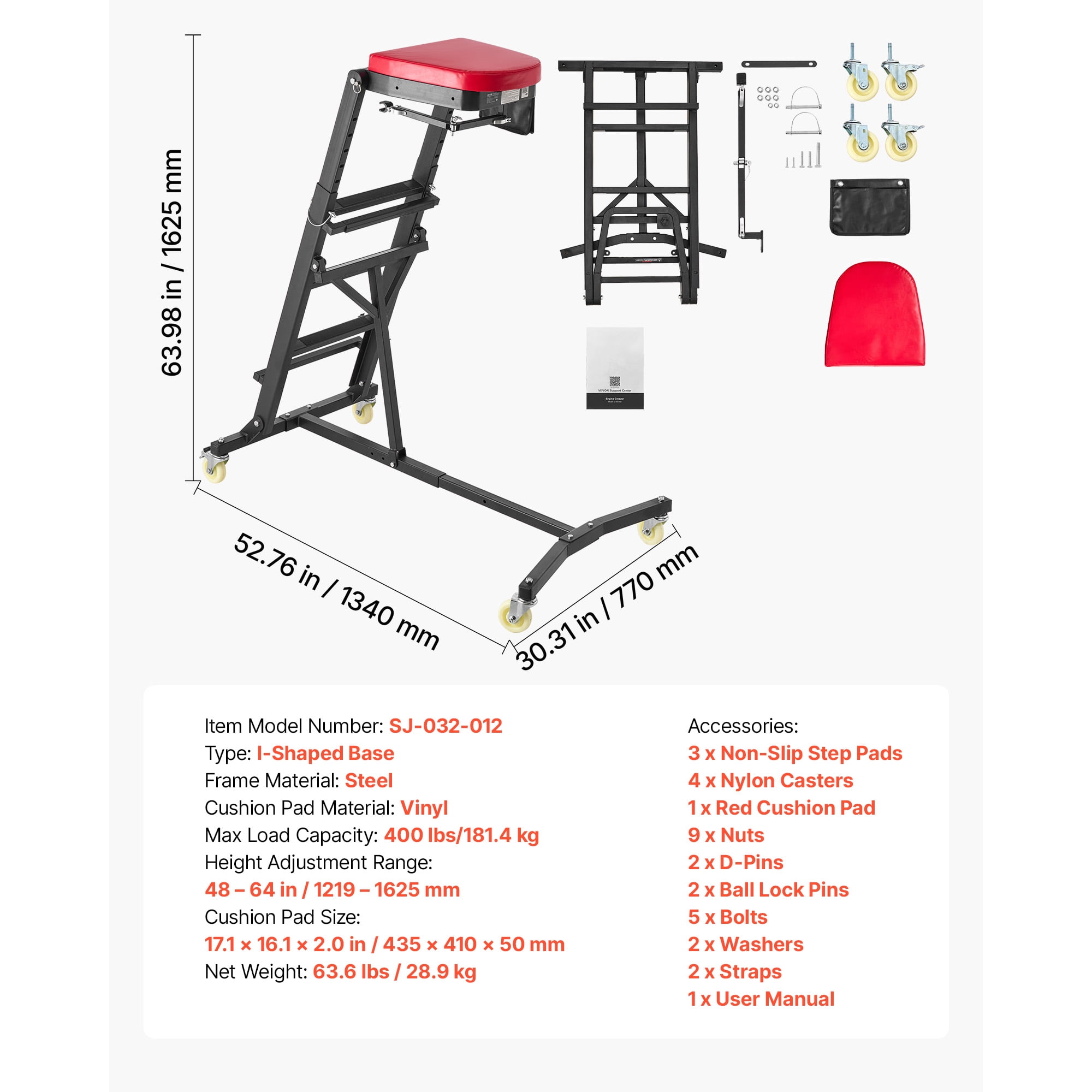 KFFKFF Adjustable Automotive Creeper 48"-64" with Folding Arm, Foldable High-Top Engine Creeper, 400LBS Durable Support, Stable I-Shaped Base, 4-Wheel Smooth Movement for Vehicle Maintenance