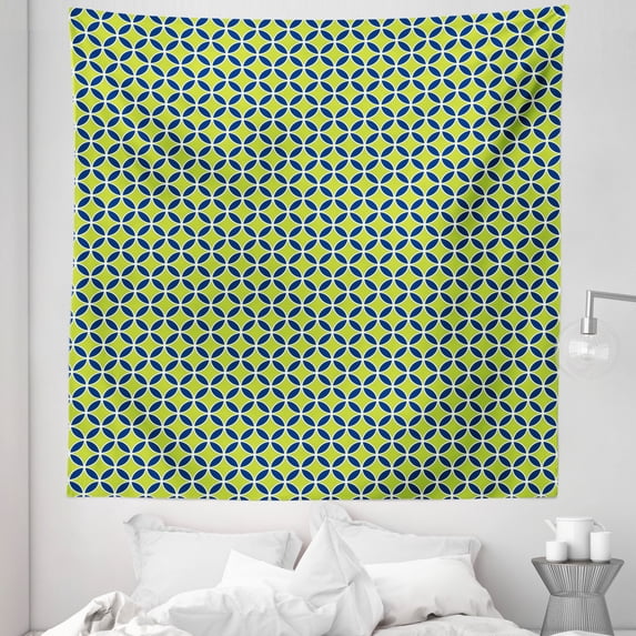 Circles Tapestry, Continuous Vintage Themed Geometric Mesh Pattern Grid Shapes Bicolour Art, Fabric Wall Hanging Decor for Bedroom Living Room Dorm, 5 Sizes, Indigo Apple Green, by Ambesonne