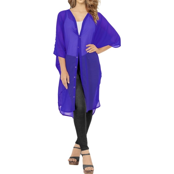 HAPPY BAY Women's Chiffon Solid Sheer Beach Button Down Kimono Swimwear Cover ups Casual Summer Kimonos for Women Beachwear Duster Cardigan 2X-3X Royal,Plain