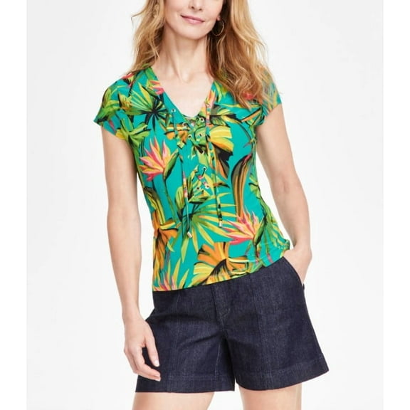 INC International Concepts Women's Printed Lace-Up Front Top Tropical Garden