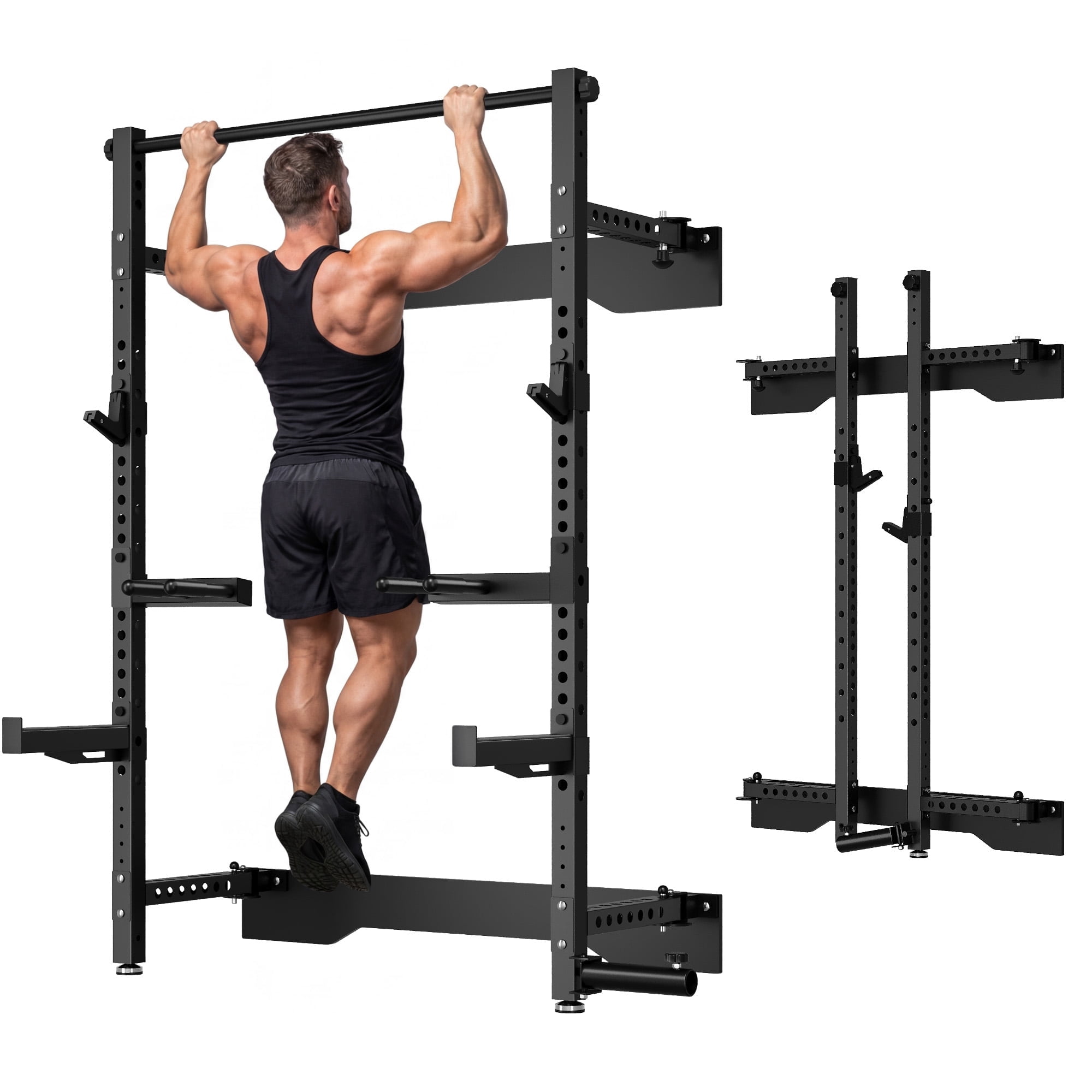 Folding Wall Mounted Squat Rack,1000 lbs Capacity Power Rack for Home Gym,Space-Saving Foldable Squat Rack with Pull-Up Bar & Landmine,Heavy-Duty 2.36" x 2.36" Steel Frame Power Cage