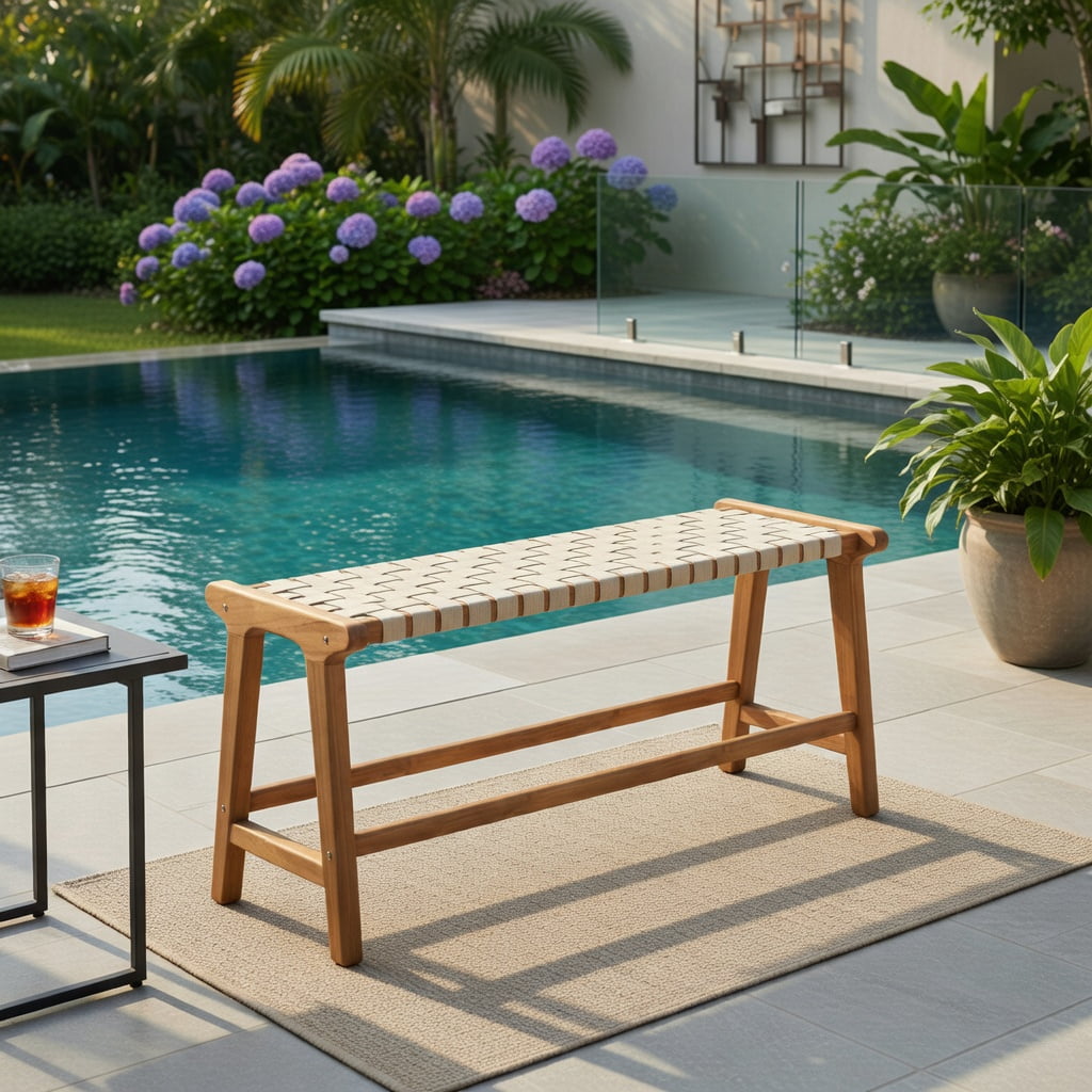 Hommoo 47" Teak Wood Patio Bench with Woven PP Seat, Sturdy Outdoor Bench for Patio, Porch, Poolside & Entryway, Natural