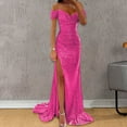 thumbnail image 2 of Casual Dresses For Womens Solid Color Prom Party Sequin Maxi Short Sleeve Sequins Spring Fall Winter Off Shoulder Fashion Winter Wedding Evening Party Dress Holiday Wear,Pink,M, 2 of 5