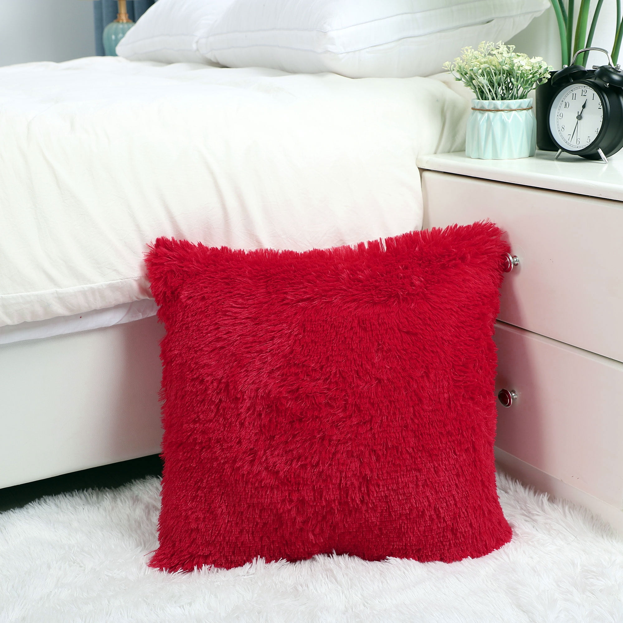 20" x 20" Faux Fur Throw Pillow Cover Soft Sofa Fluff Cushion Cover Red