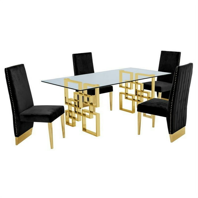 Ensemble de Salle à Manger Rectangulaire en Verre Transparent 5pc avec Base en Acier Inoxydable Doré