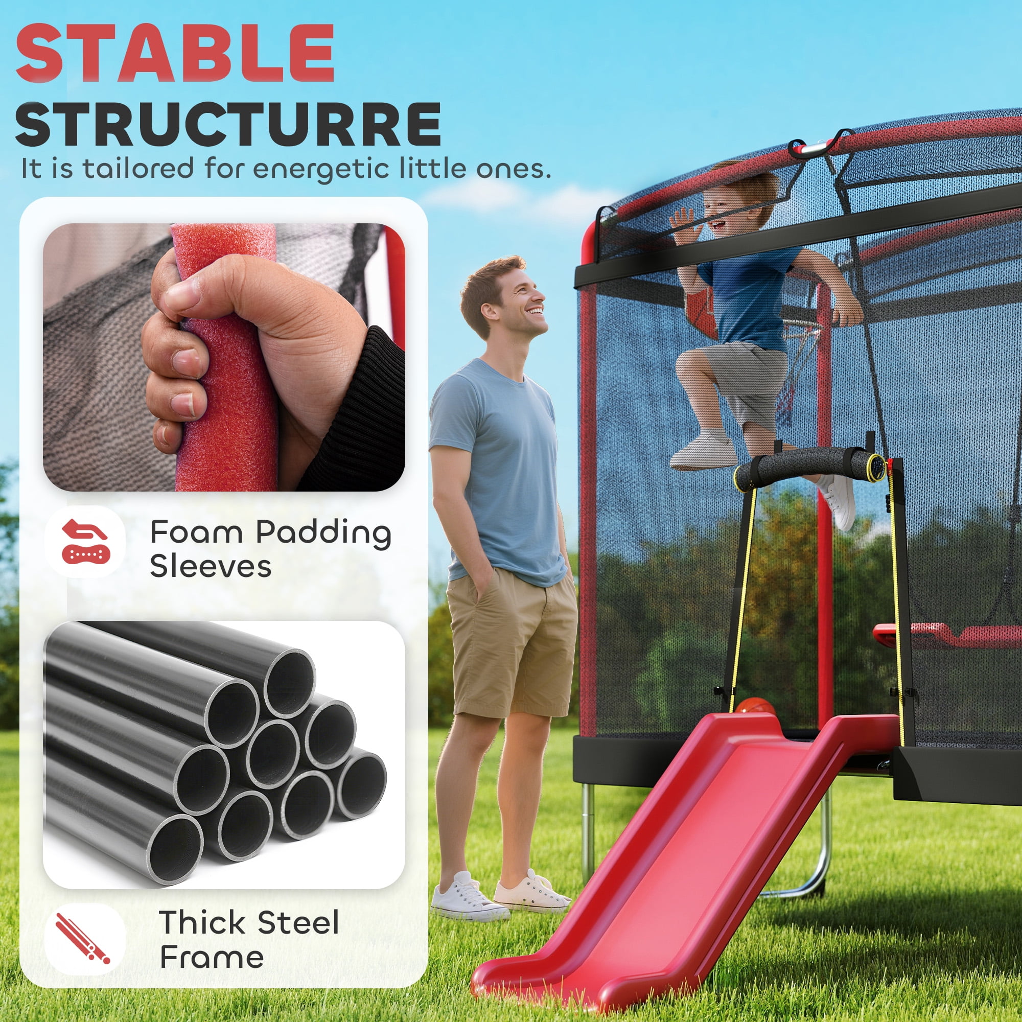 Qaba 4 x 6FT Trampoline for Kids, Indoor & Outdoor Toddler Trampoline with Slide, Swing, Basketball Hoop, Ladder and Safety Enclosure, Red