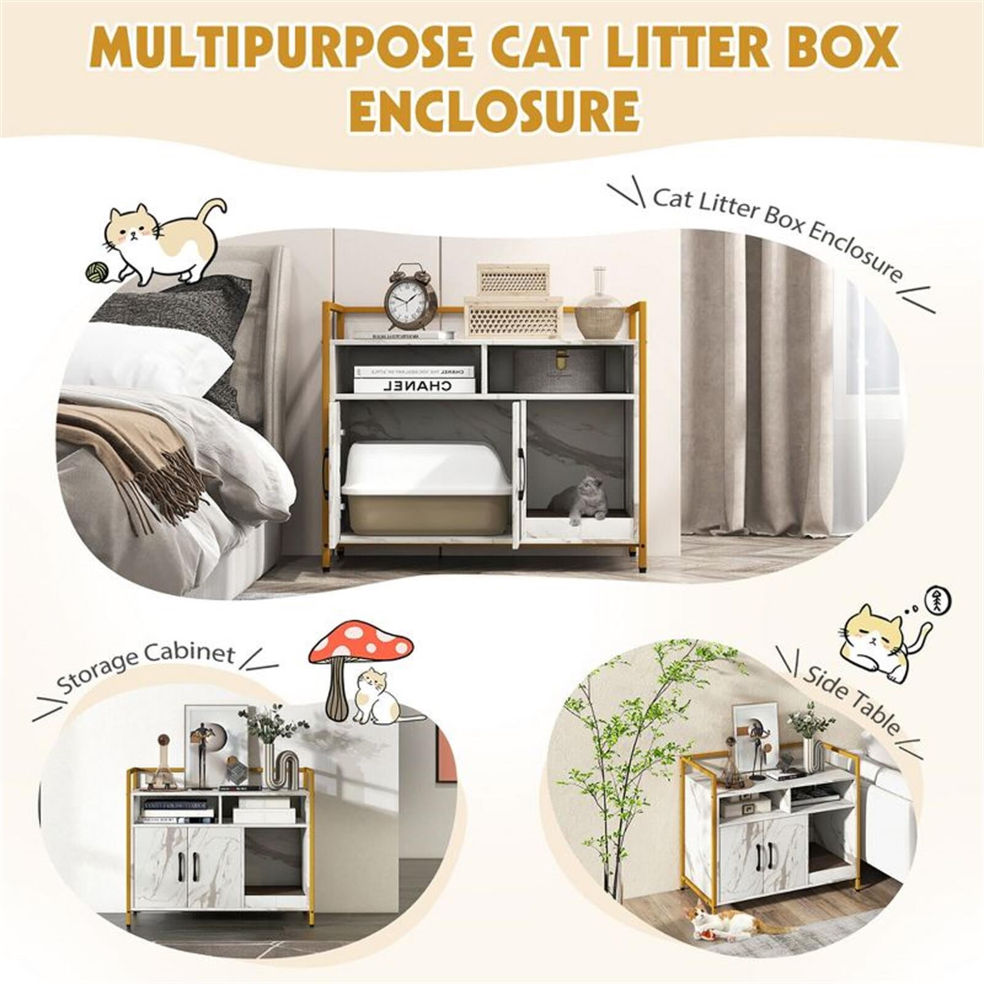 Kadyn 35" Hidden Cat House Washroom with 2-Doors and Scratch Cardboard, Wooden Cat Litter Box Enclosure Furniture, White