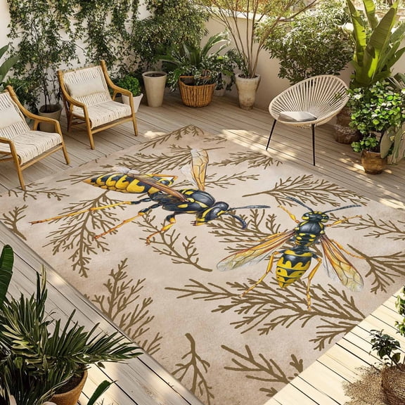 Vintage Bee Outdoor Rug for Patio/Deck/Porch, Non-Slip Large Area Rug 5 x 8 Ft, Vintage Brown Tree Branch Indoor Outdoor Rugs Washable Area Rugs, Reversible Camping Rug Carpet Runner