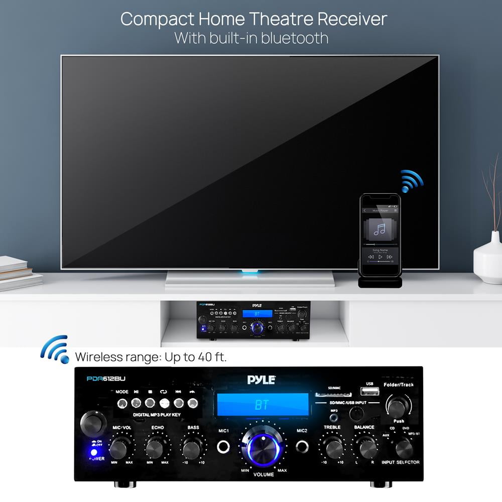 Pyle 200 Watt Compact Bluetooth Stereo Amplifier, MP3/USB/SD Readers