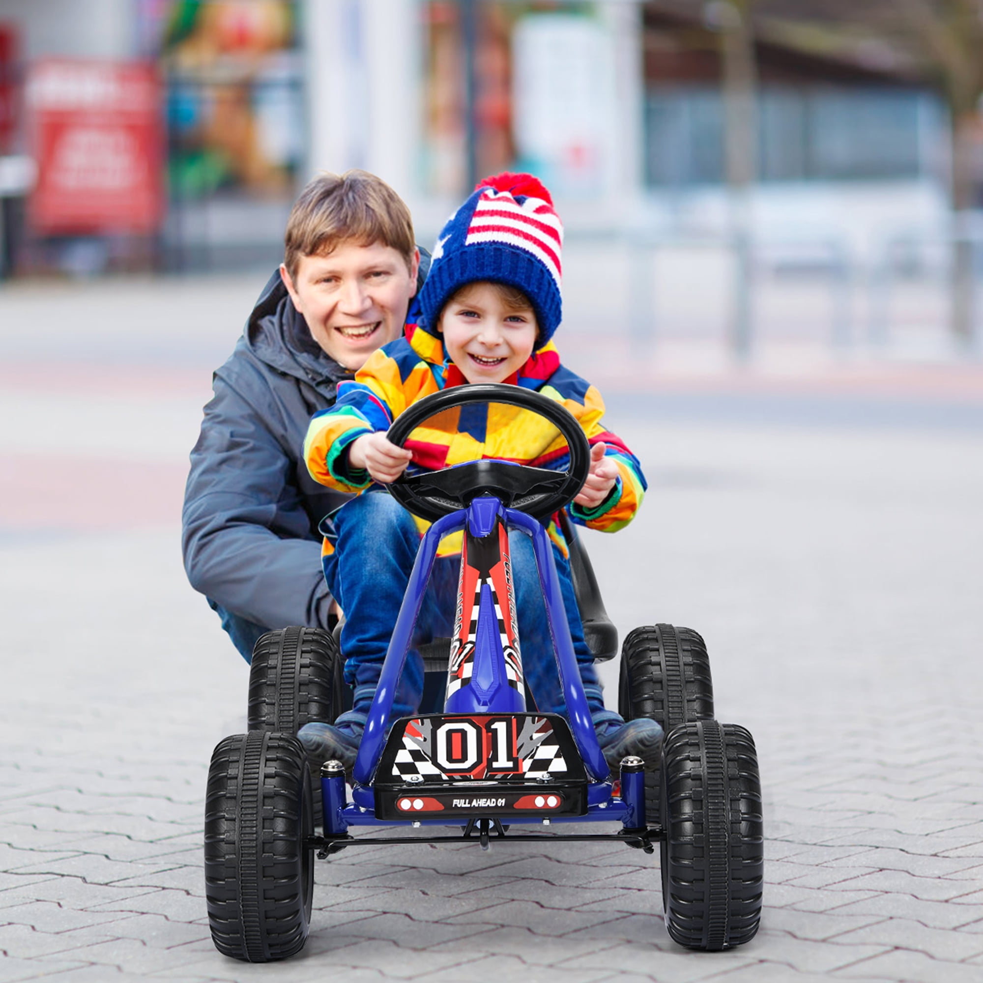 Gymax Kids Pedal Go Kart 4 Wheel Ride On Toys w/ Adjustable Seat & Handbrake Blue
