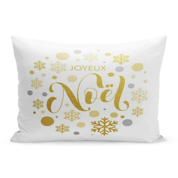 BOSDECO Christmas in French Joyeux Noel Greeting Golden and Silver Pillowcase Pillow Cover Cushion Case 20x30 inch
