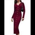 thumbnail image 3 of Vestido Midi de Punto Acanalado para Mujer, Estilo Informal, Cuello en V, Larga, Ajustado, para Otoño de 2025 Vino Tinto L, 3 of 9