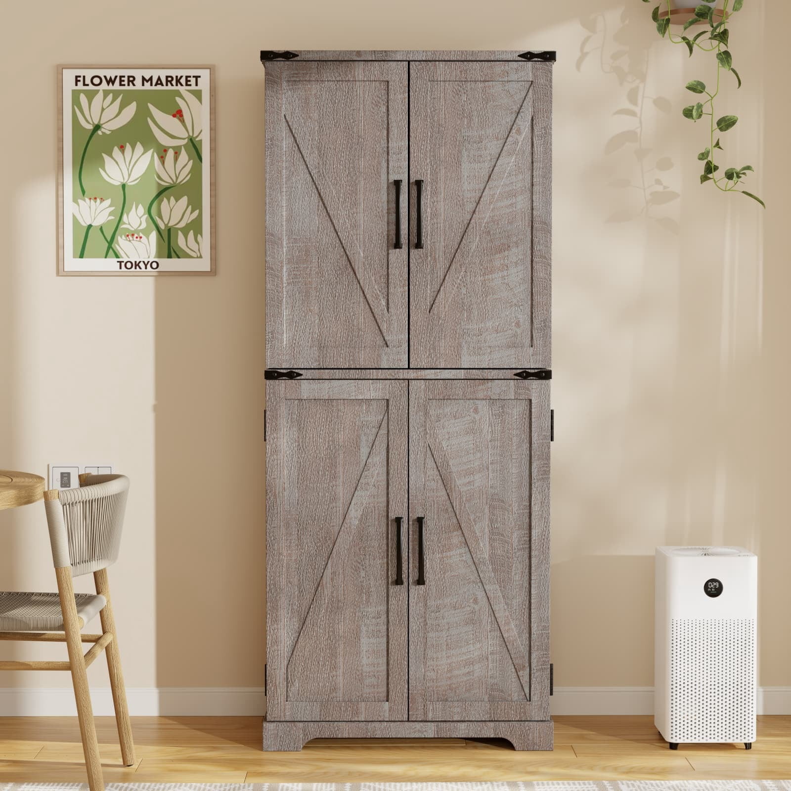 ACCOHOHO 72" Tall Kitchen Pantry Cabinets, Farmhouse Storage Cabinet with Barn Door, Drawer & Adjustable Shelves for Kitchen, Dining Room, Bathroom, Rustic Grey