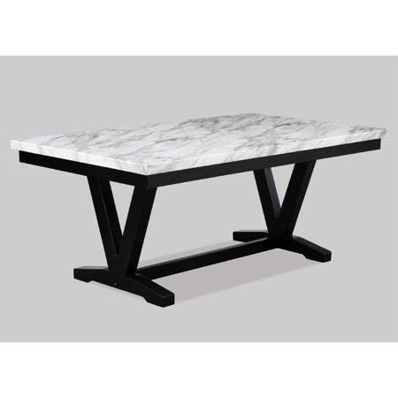 Faux Marble Top Rectangular Dining Table With Black Wooden Legs For 6 Dining Modern Look White And Wood Base Seats 6