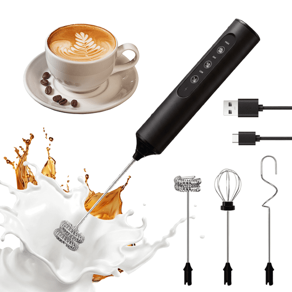 Katbite Milk Frother, 3-Speed Rechargeable Handheld Frother with 3 Whisks Stand