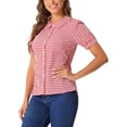 thumbnail image 4 of Camisa de cuadros para mujer INSPIRE CHIC con cuello Peter Pan, mangas cortas abullonadas, blusa de botones a cuadros XS roja, 4 of 5