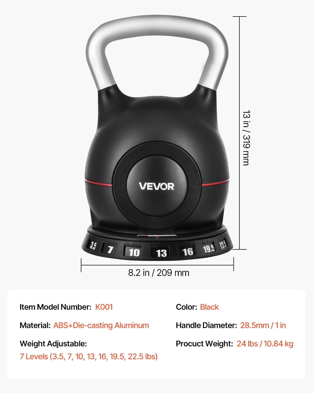 VEVOR Kettlebell, Adjustable Kettlebell with 7 Weight Levels (3.5, 7, 10, 13, 16, 19.5, 22.5 lbs), Die-Cast Aluminum and ABS Material, for Grip Strength Training, Full-body Workout & Cross-Training