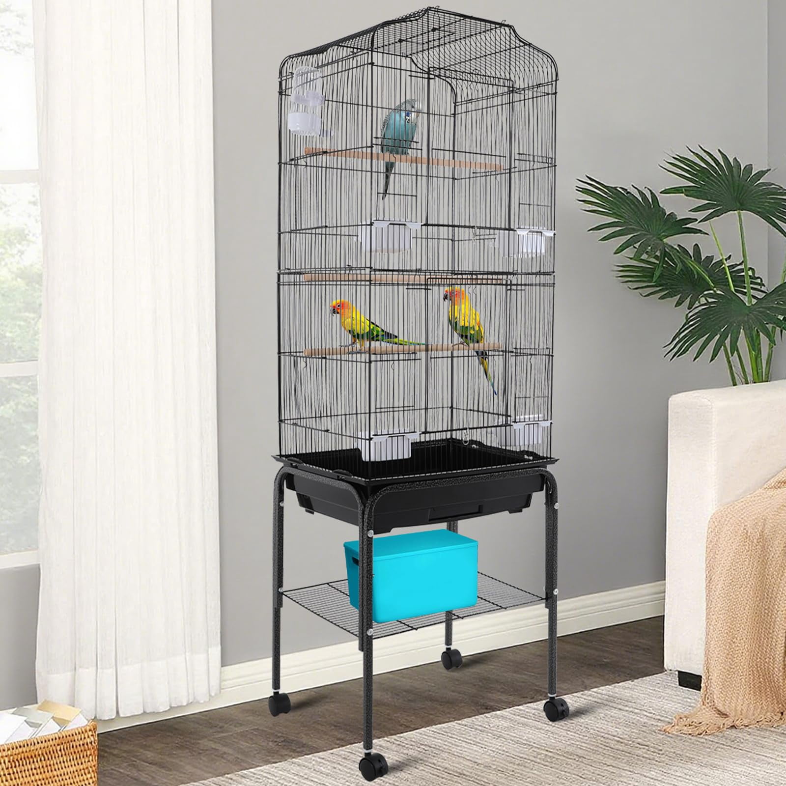 Extra Large Bird Cage, 54 Inch Wrought Iron Bird Cage Open Top Parakeet Cage w/Slide-Out Tray for Parrot, Cockatiel, Budgie, Parakeets, Lovebird, Small Medium Birds 18 * 14.6 * 54In(Black)