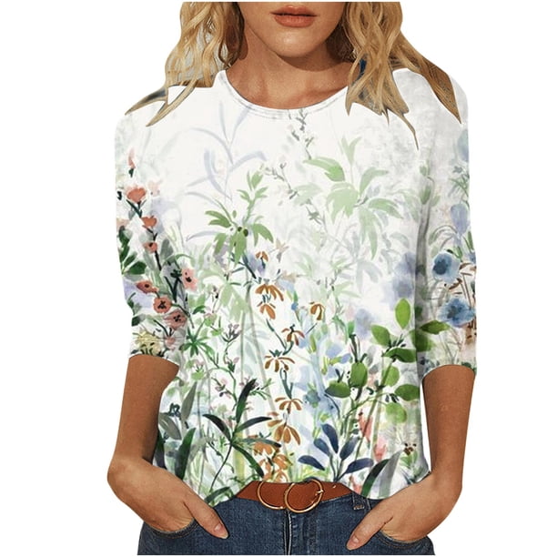 Camisetas de Manga Corta para las Mujeres Retro Cuello Redondo Pascua Impreso Suelto Top, Ligero Poliéster 3/4 Camiseta de Manga para el Desgaste Casual, Diario Y de Primavera
