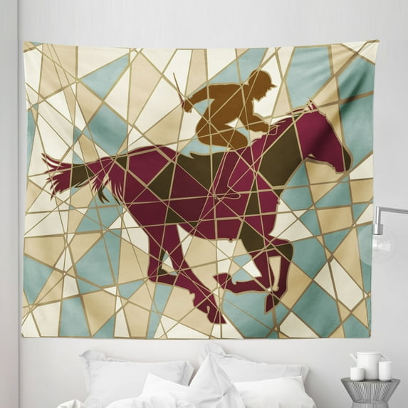 Mosaic Tapestry, Running Stable Racehorse and Jockey Silhouettes on Pieced Background, Fabric Wall Hanging Decor for Bedroom Living Room Dorm, 5 Sizes, Purple Pale Brown Teal, by Ambesonne
