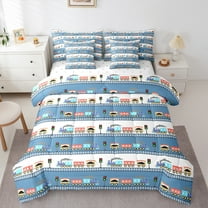 Manfei Kid Cartoon Train Bedding Comforter Set 7-Piece, Boys Construction Truck King Bedding Sets, Tractor Machinery Reversible Bed Sheets, Breathable Home Decor
