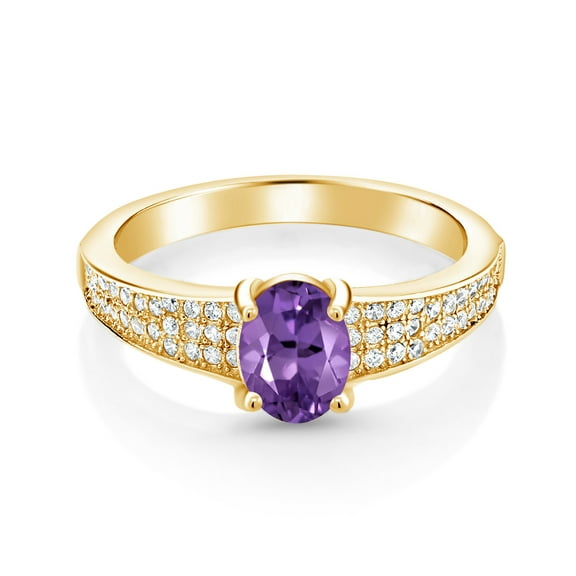 Gem Stone King 18K Yellow Gold Plated Silver Purple Amethyst Engagement Ring for Women (1.63 Cttw, Oval 8X6MM, Gemstone February Birthstone, Size 6)