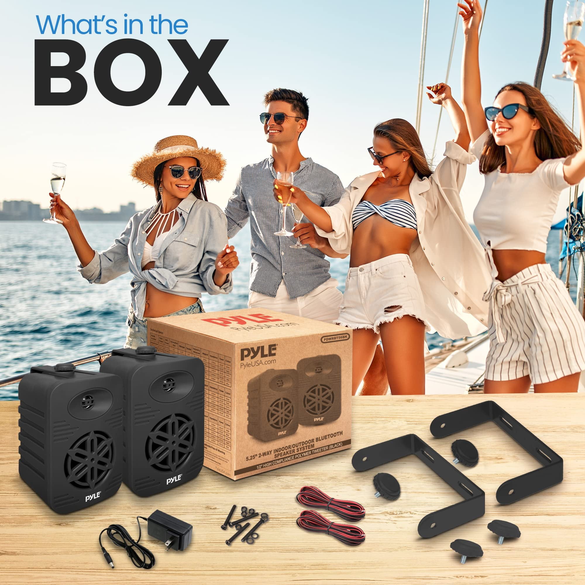 PyleUsa Bluetooth Indoor Outdoor Speakers Pair - 500 Watt Dual Waterproof 5.25 2-Way Full Range Speaker System w/ 1/2 High Compliance Polymer Tweeter - Home, Boat,Deck, Patio, Poolside - PDWRBT56BK