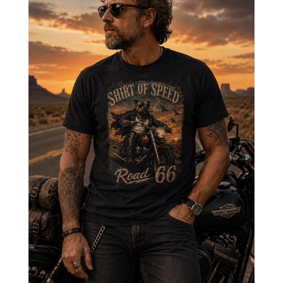 Trenditee Unisex Retro Route 66 Biker Dog Graphic Comfort Colors Crew Neck T-Shirt
