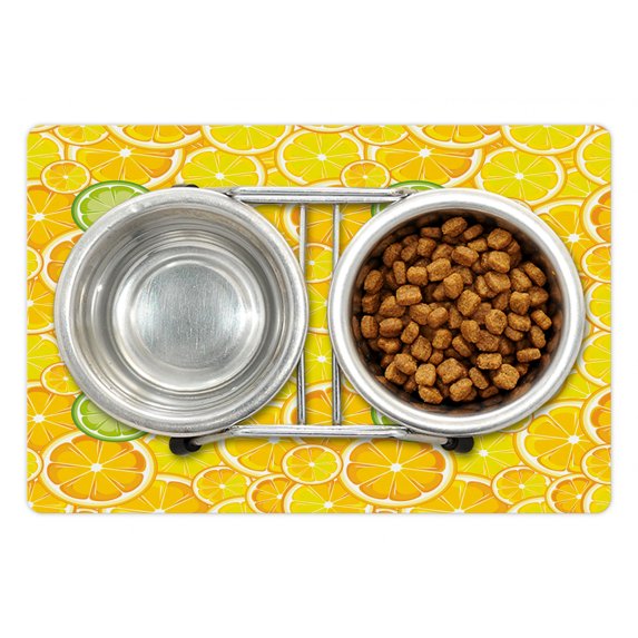 Yellow Pet Mat for Food and Water, Lemon Orange Lime Fruit Citrus Round Cut Circles Big and Small Pattern, Non-Slip Rubber Mat for Dogs and Cats, 18" X 12", by Ambesonne