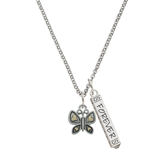 Delight Jewelry Two-tone Butterfly with Hearts Silvertone Forever Bar Charm Necklace, 23"