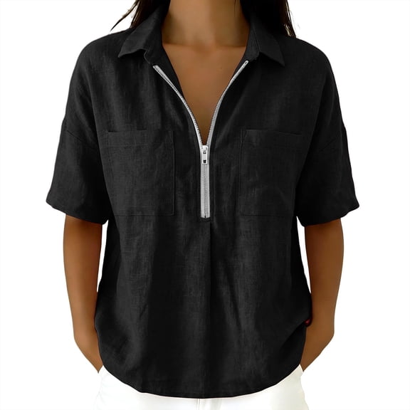 Enjoytime Women Tops V Neck Collared Half Zip Up Short Sleeve Shirts Summer Casual Work Blouses