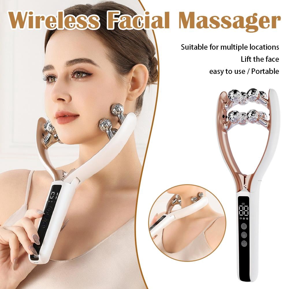 White Microcurrent Facial Roller Massager for Face Lifting & Tightening, RF V-Shape Sculpting Device