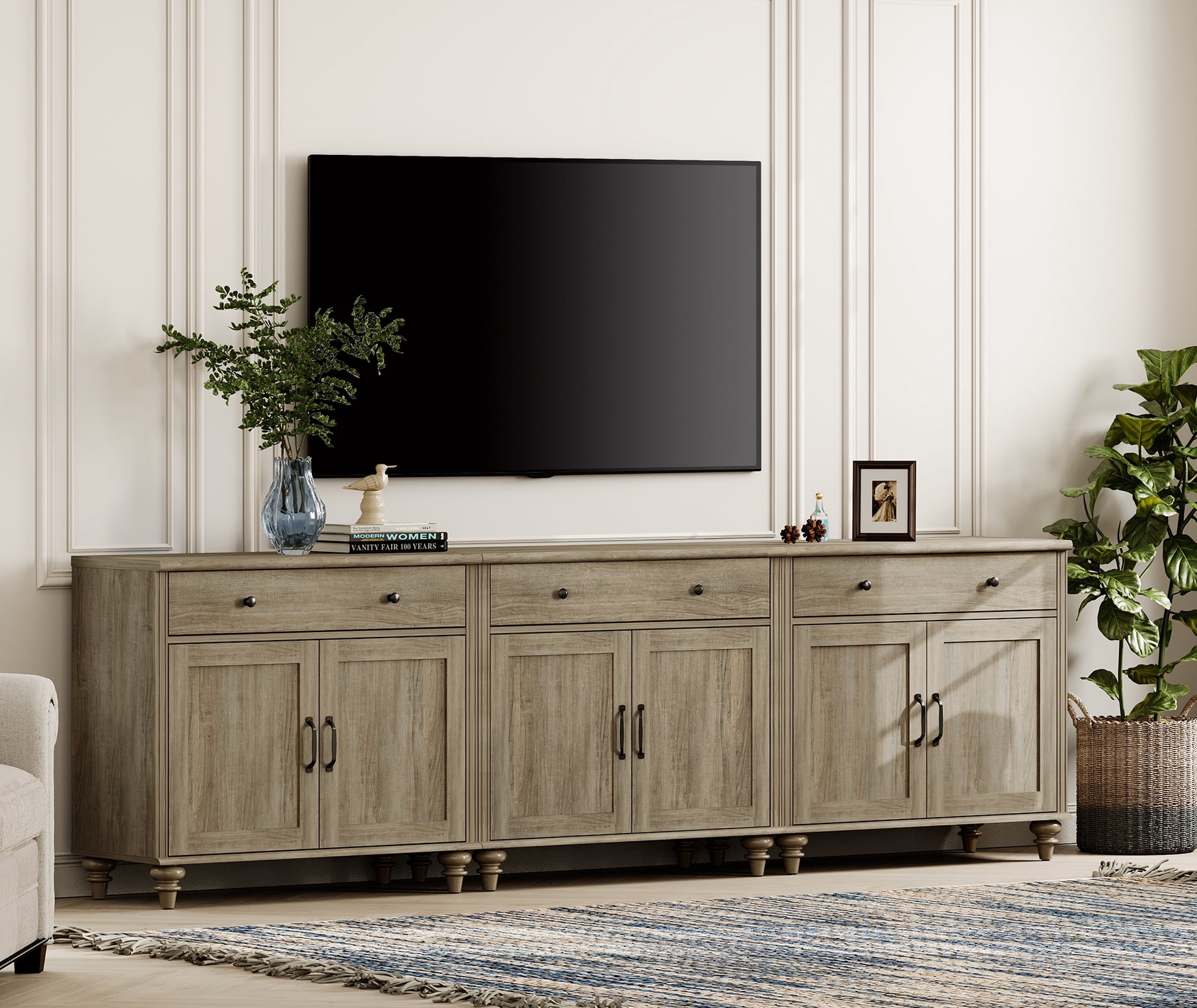 Wash Gray Farmhouse TV Stand for 85 inch TV with Drawers & Doors