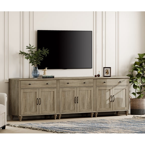 WAMPAT Farmhouse TV Stand for 100 inch TV with 6 Doors and 3 Drawers, Wood Universal TV Stands with Storage Cabinets, Wash Grey Entertainment Center TV Console Table for Living Room, Bedroom